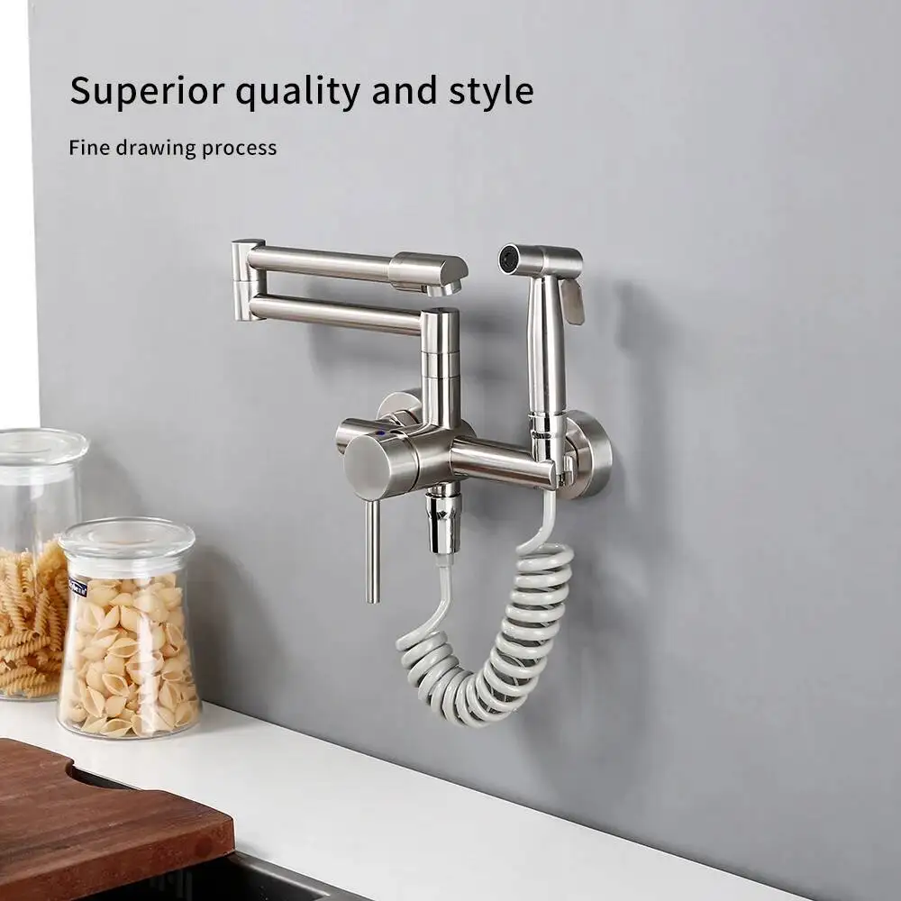 

Kitchen Mixer Tap With Sprayer And Cold Stream Wall Mount Pot Filler Faucet Pull Out Two Hole Wholesale Black Hot Sale