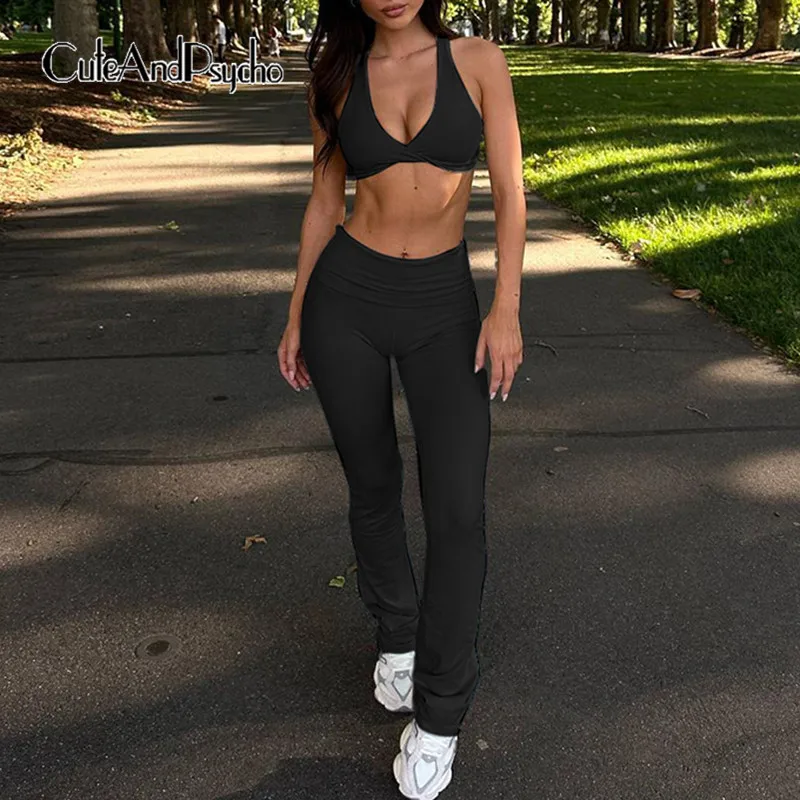 

Cuteandpsycho Sporty Kink V-Neck Slim Camis Two Piece Chic Mid Waist Flare Pants Suits Y2K Casual Sleeveless Solid Vests Suits