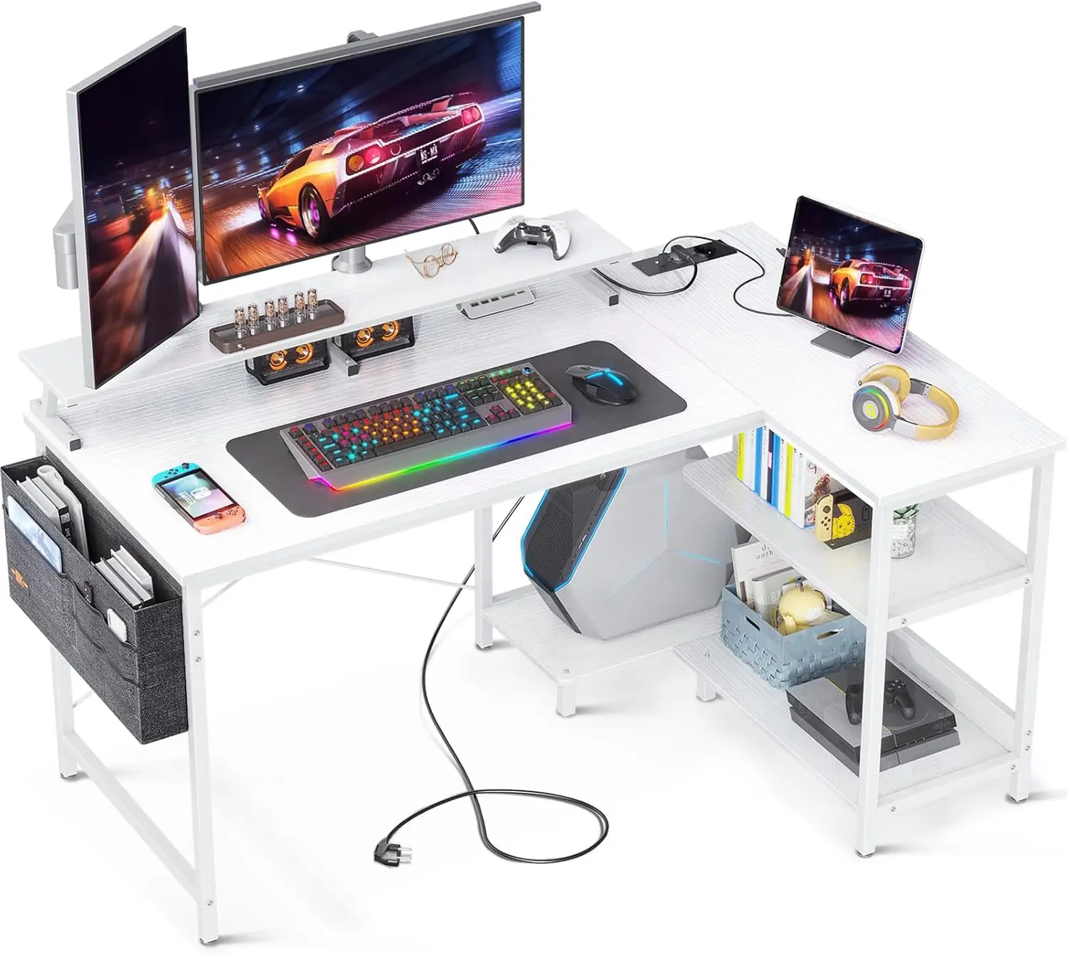 Escritorio Esquina Gaming con Puerto Carga USB y Toma Corriente,Mesa Ordenador en Forma L,con Soporte Monitor para Hogar Oficina