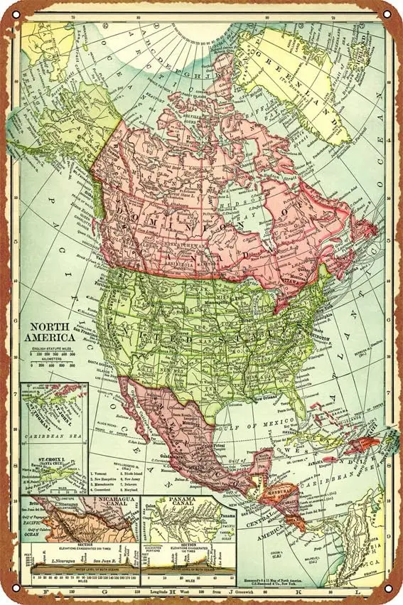 Mapa de América del Norte, póster, cartel de metal vintage, regalo, cartel de metal retro novedoso para cafetería, tienda, garaje, 8x12 pulgadas