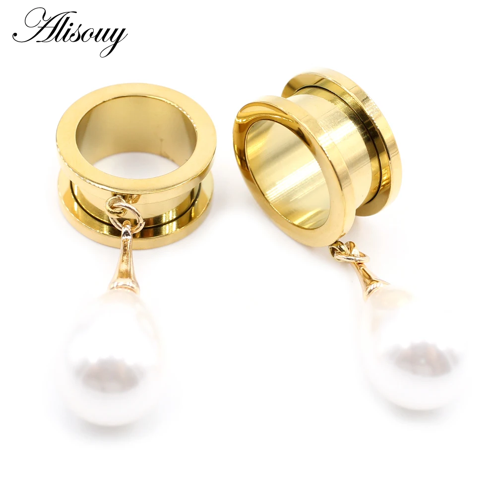 Alisouy 1pc Stainless Steel Water Drop Pearls Ear Flesh Tunnels Plugs Expanders Stretcher Gauges Earrings Piercing Body Jewelry