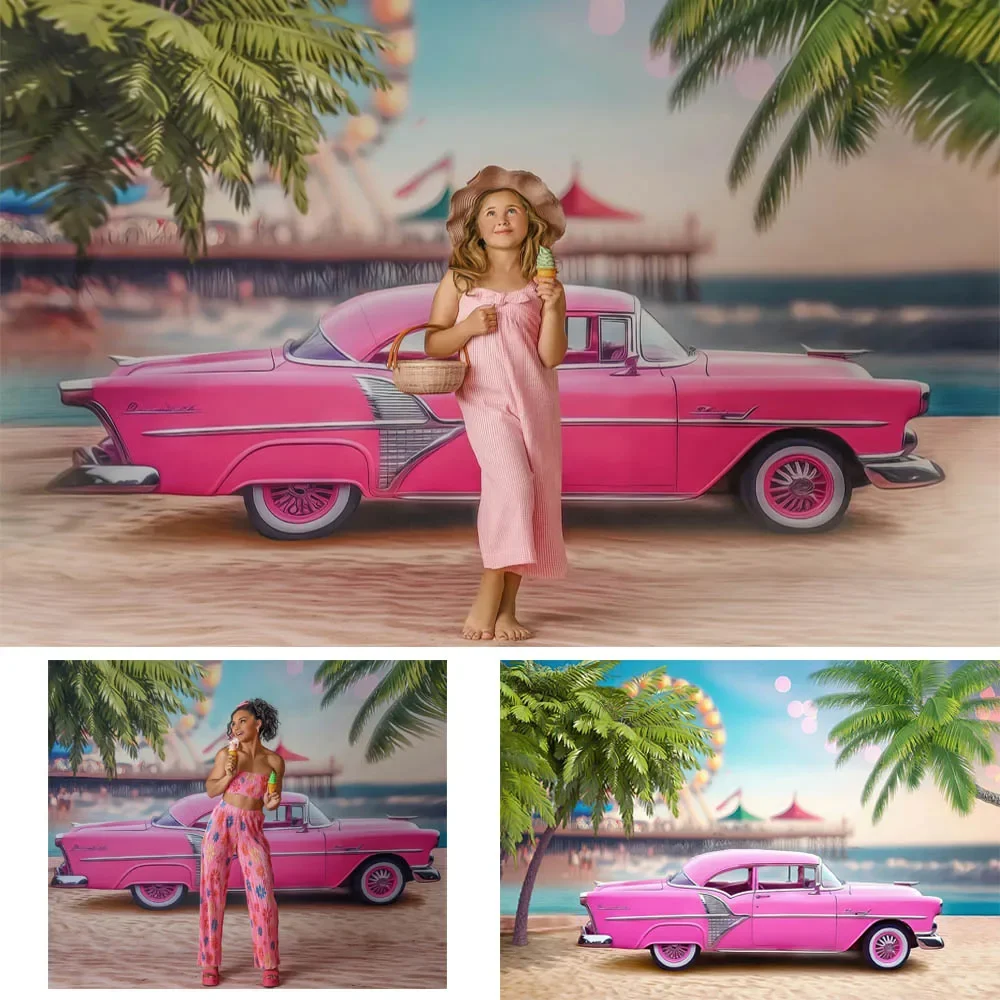 

Summer Pink Luxury Car Beach Backdrops Kids Birthday Portrait Photocall Photography Palm Trees Ferris Wheel Seaside Background