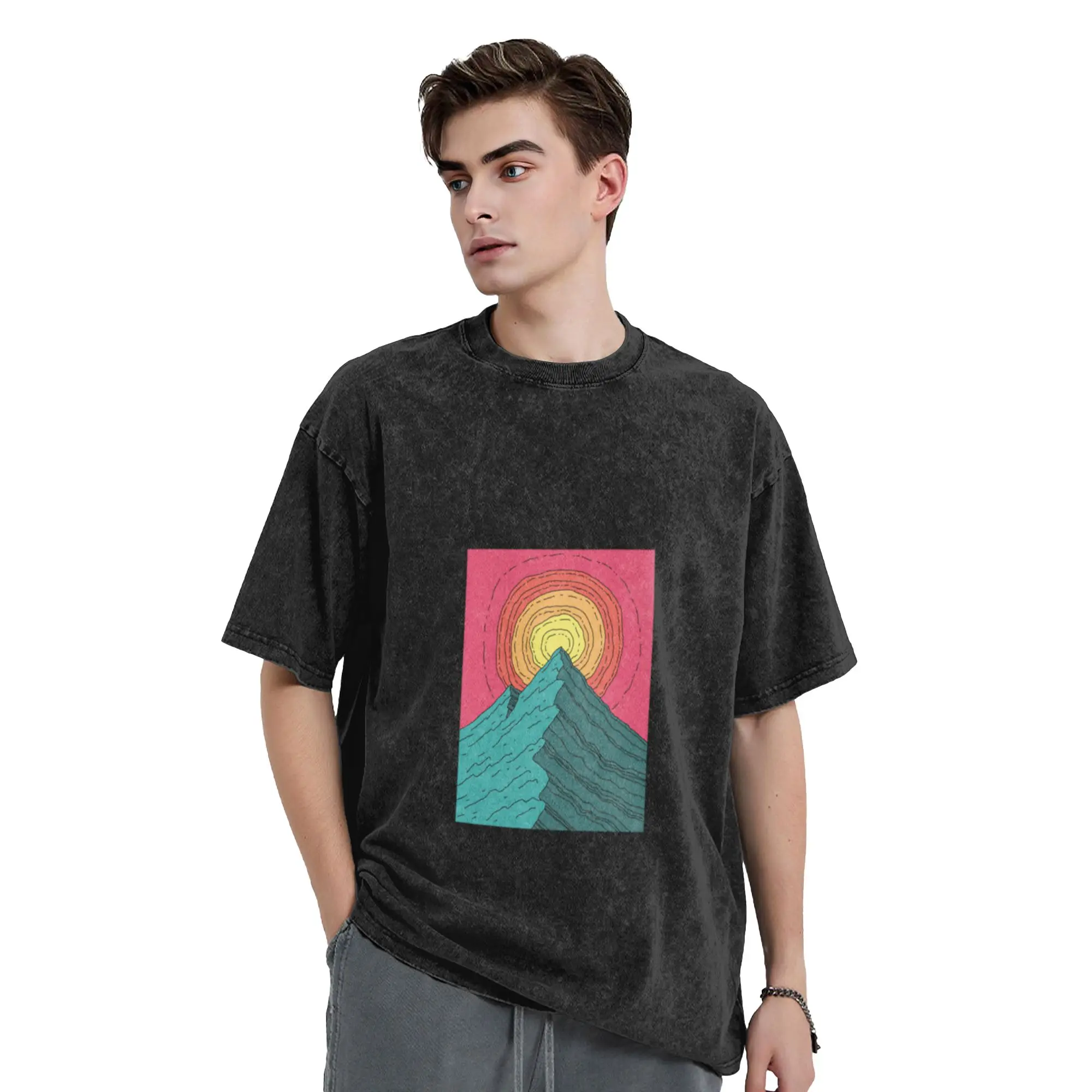 Sunset Summit  Unique Trendy A Washed T Shirt Men's Women's Oversized Cotton Tees Tops
