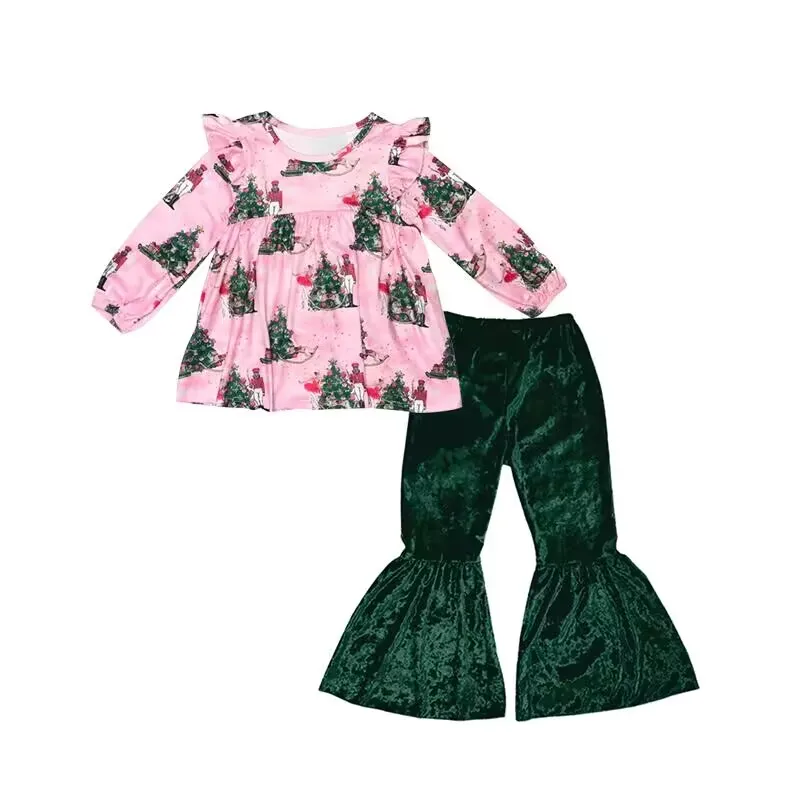 

Autumn design hot selling Christmas baby girl children milk silk flower print pattern long sleeve flare pants clothing