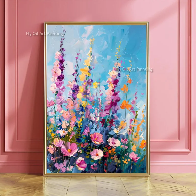 Blue Pink Green Flowers Field Oil Painting On Canvas New Specail Artwork Handmade Purple Pink Florals Landscape Wall Art Decor