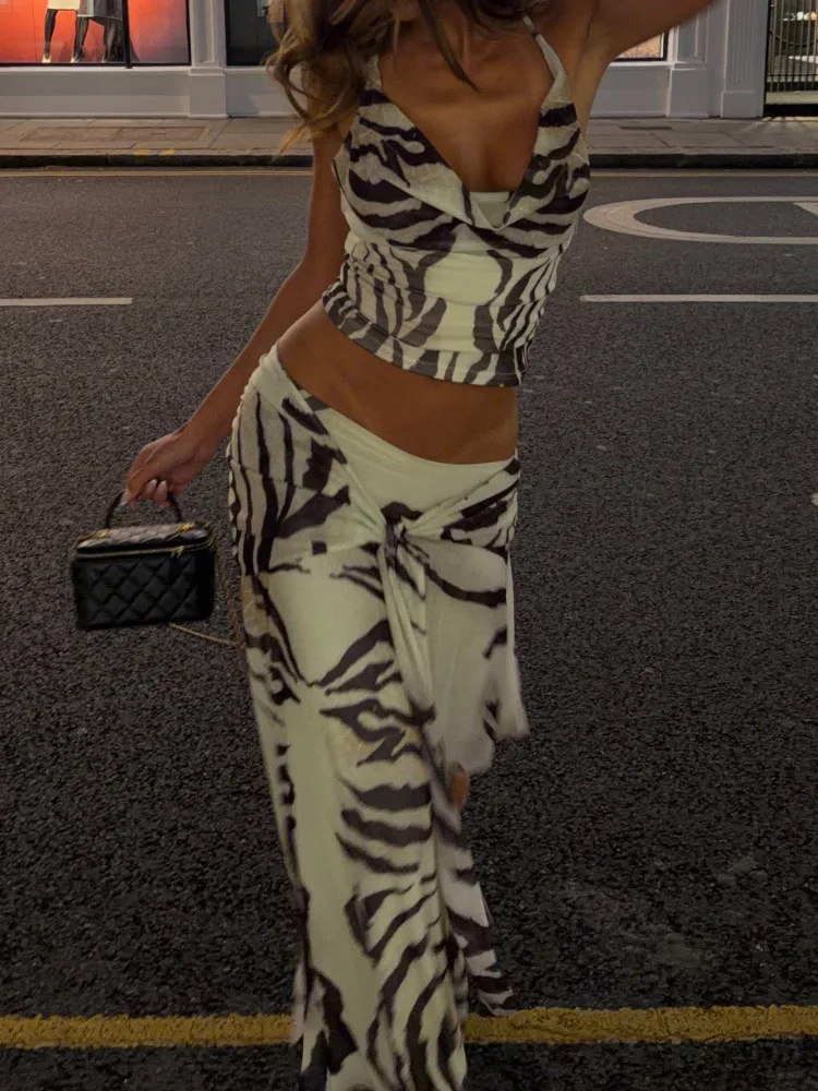 Retro Zebra Print Halter Two Piece Set Chic Open Back Crop Top Wrap Maxi Skirt Sexy Co Ord Women Summer Party Vacation Outfit
