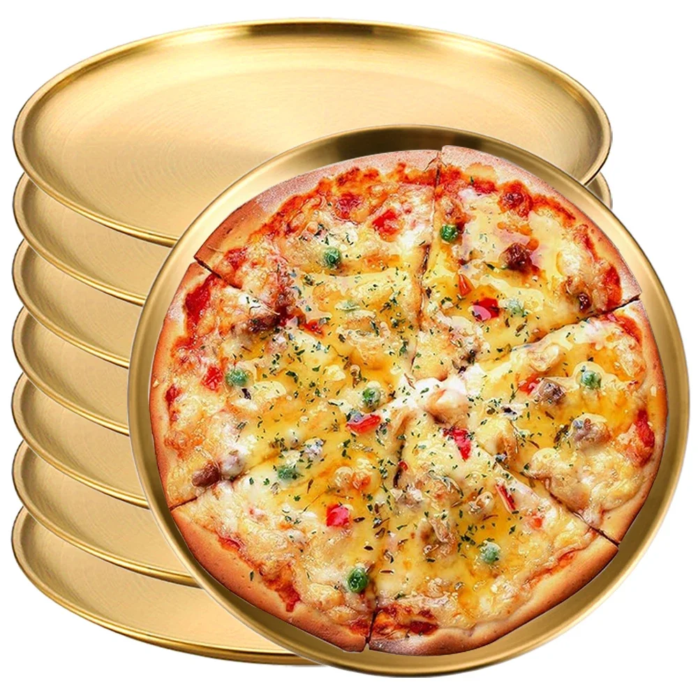 8Pcs Stainless Steels Round Golden Shallow Tray Plate Rust-Proof 14/17/20/23/26cm Camping Plate BBQ Picnic Dishes Cookware