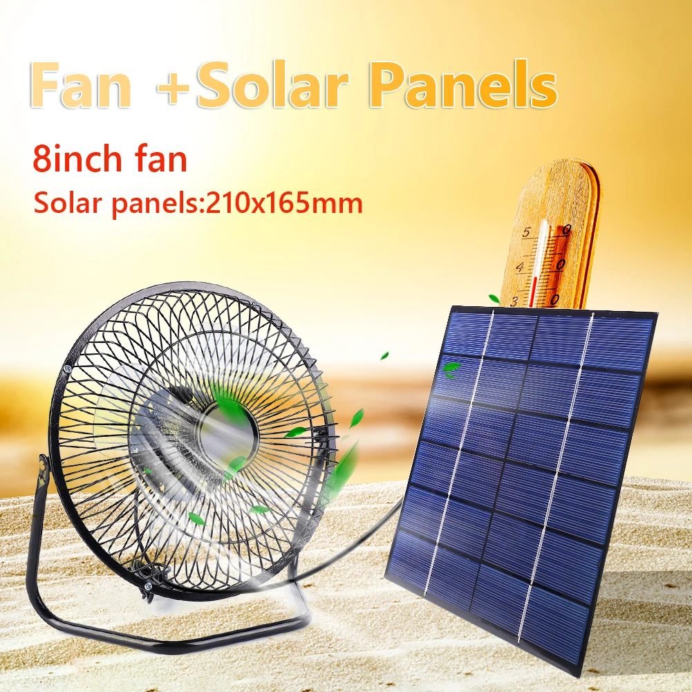 7W 6V Portable Solar Panel with 8in USB Exhaust Fan Generator Outdoor Camping Solar Panels Fan for Home Office Travel Pet House