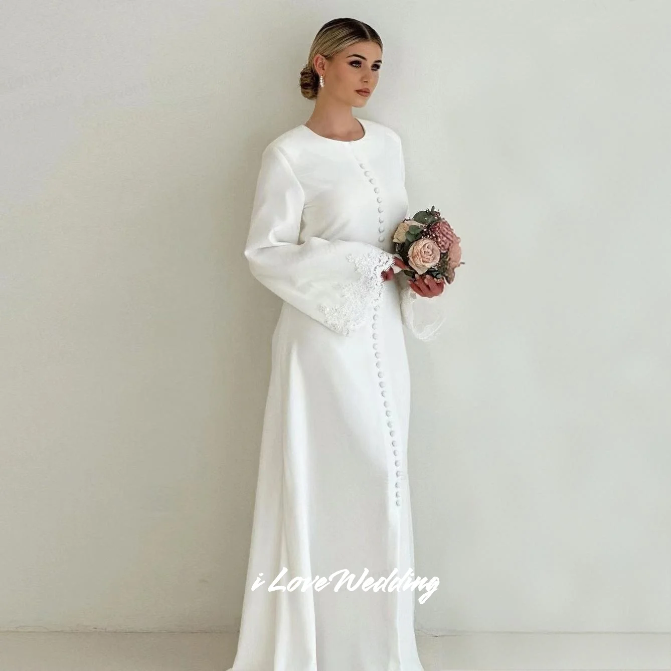 Simple O-Neck Wedding Dress Long Sleeve Appliques Button Sleeveless A-line Split Arabic Bridal Gowns Muslim Pleated Customized