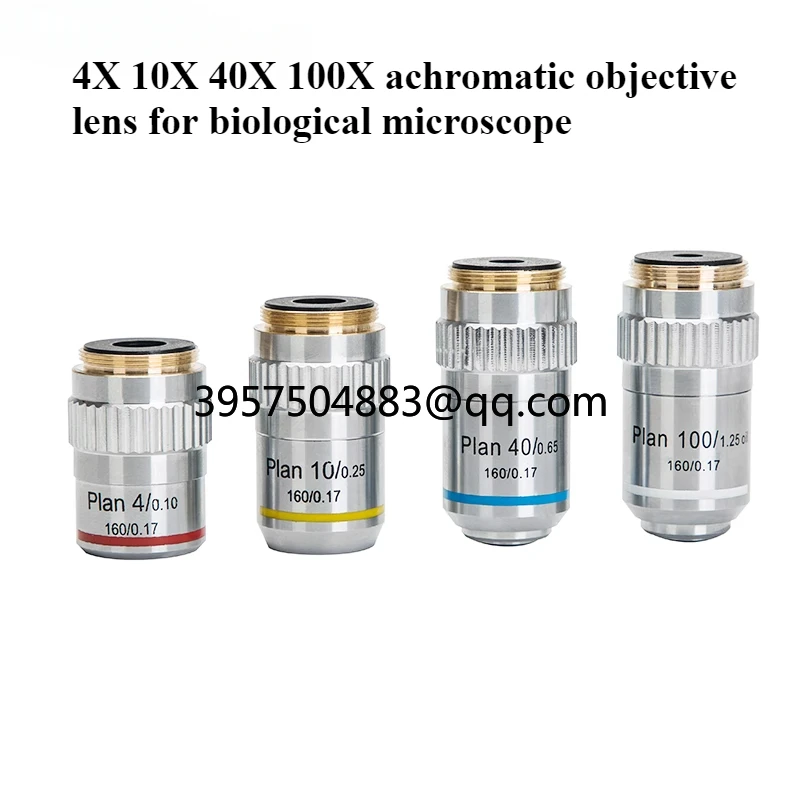 Objectif de champ plat 4X 10X 40X 100X pour microscope biologique, objectif achromatique
