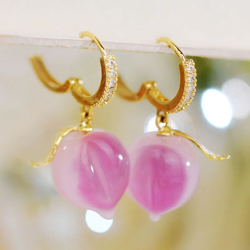 New French Light Luxury Exquisite Acrylic Pink Peach Women Earring Micro Inlaid Zircon Sweet Temperament Ladies Earrings Jewelry