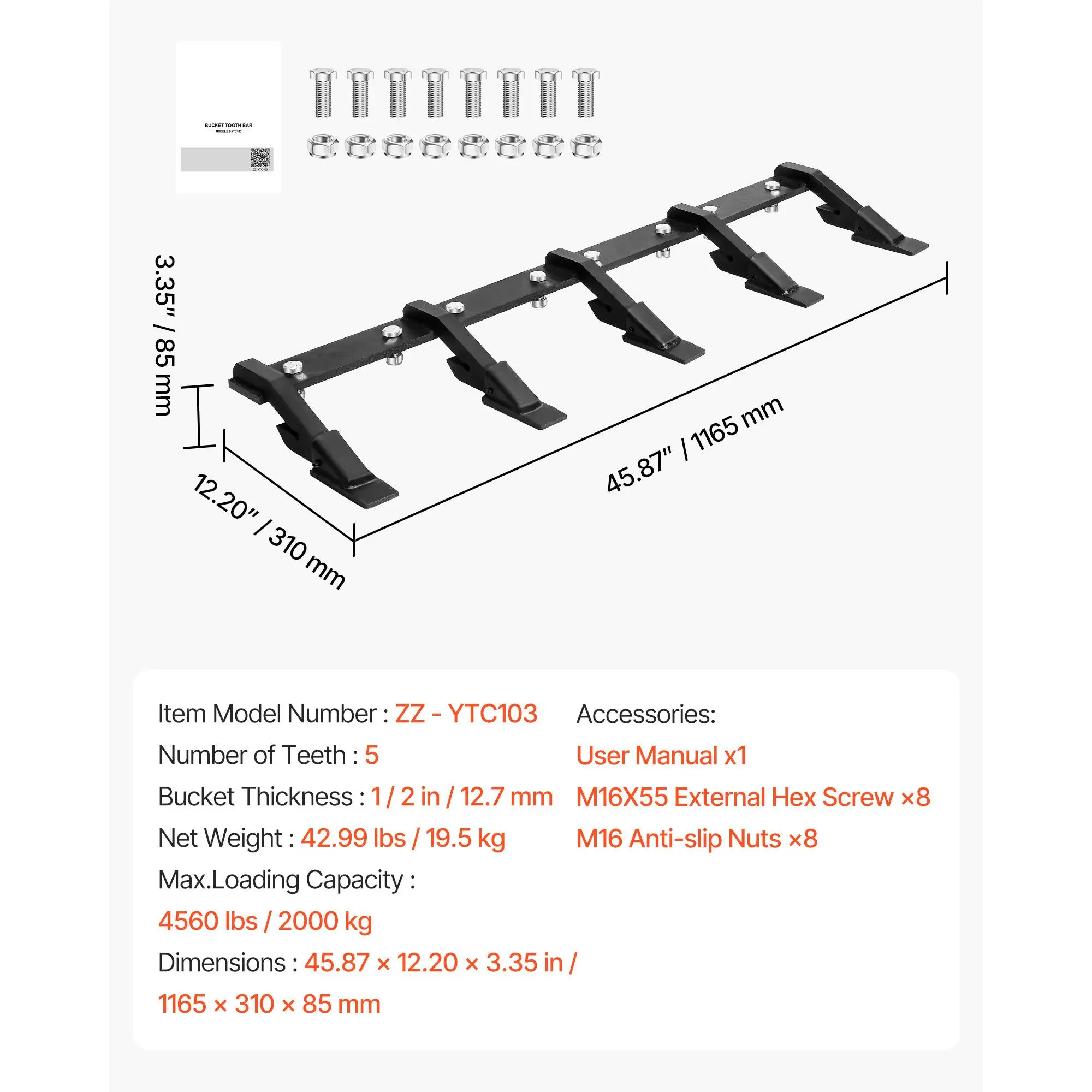 46 Inch Heavy Duty 5 Teeth Tractor for loader Bucket Tooth Bar 4560 LBS Bolt On Bucket Teeth for Skid Steer Soil Excavation