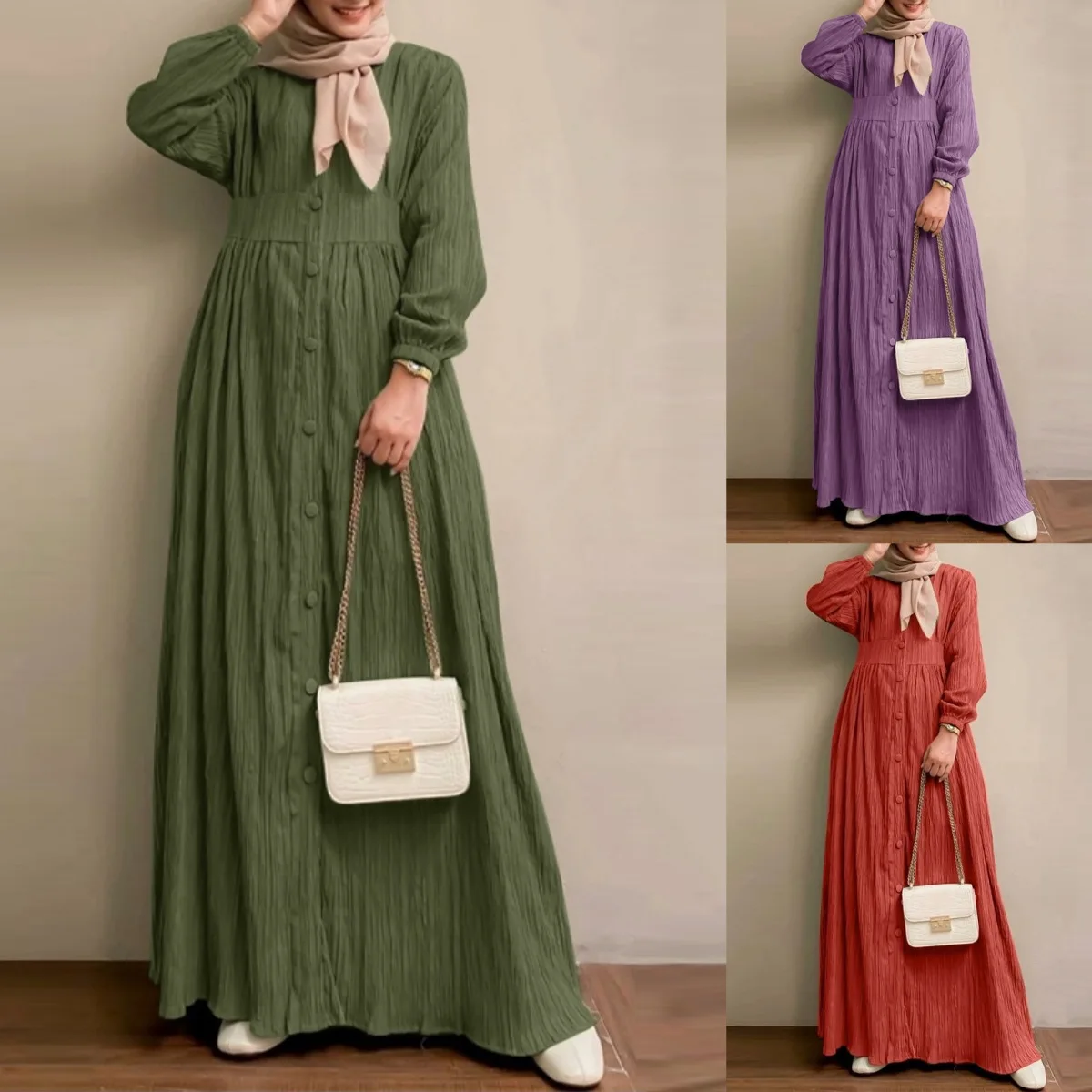 Vêtements pour femmes musulmanes rétro à manches longues Robe de couleur unie printemps et automne nouveau gilet élégant jupe Robe