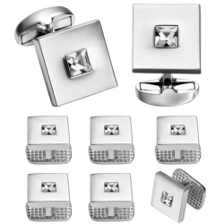 HAWSON Men's Square Crystal Cufflinks Studs Silver Metal Formal Cuff Links for Business Wedding Party Dress Shirt Accessories