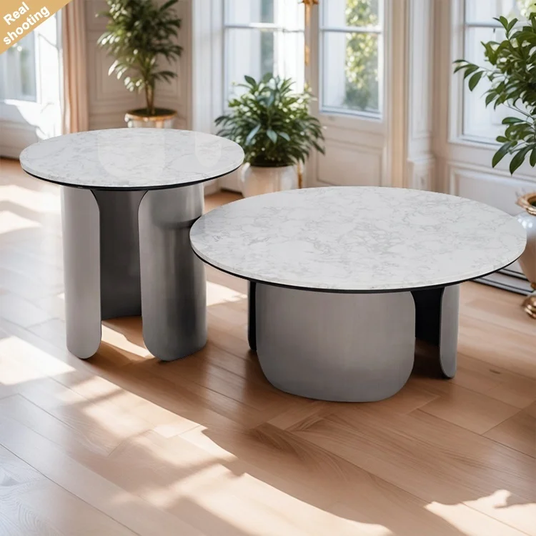 

Italian Living Room Modern Luxury Stainless Steel Round Marble Coffee Table Set for Home Furniture