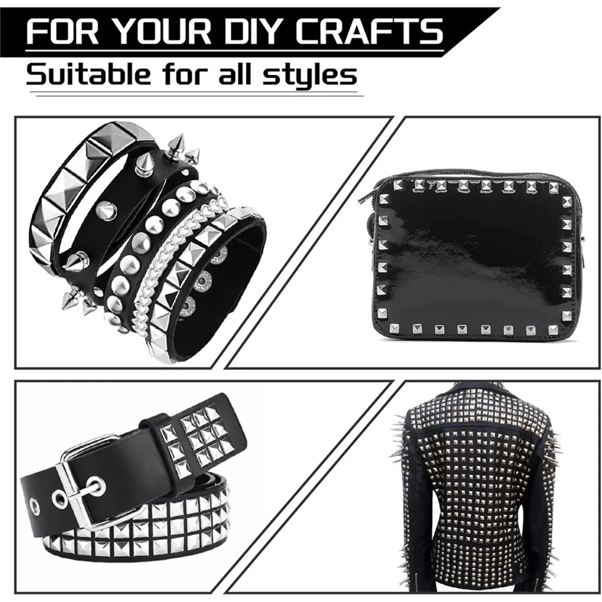 Pyramid Studs for Clothing: 1222PCS Silver 4-Prong Square Metal Studs Kit Assorted Sizes Punk Spike Rivets for Crafts
