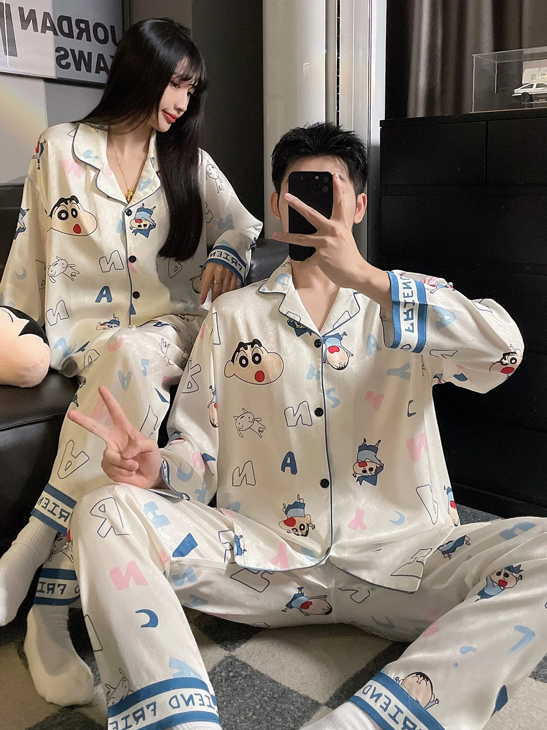 Couples Ice Silk Long Sleeve Thin Home Clothes Summer Outwear Cartoon Character Men's Silk Pajamas Cute Ladies Nightgown