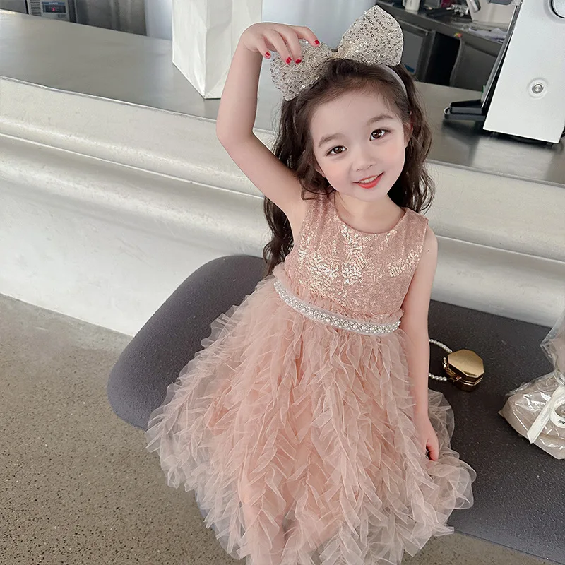 Girls Dress Summer New Sweet Skirt Girl Baby Foreign Sequined Vest Skirt Children's Birthday Dress Skirt Fashion
