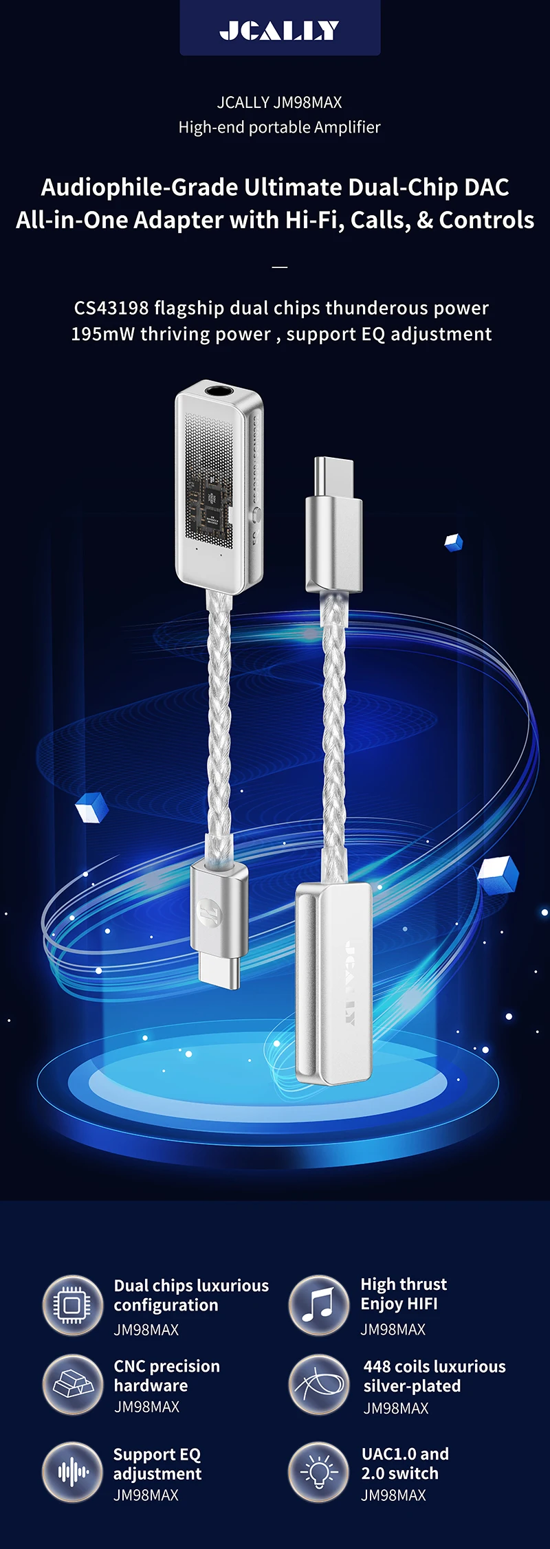 JCALLY JM98Max Digitaler DAC-Audioverstärker Typ C zu 3,5mm Dual-Chip CS43198 Chip SGM8262 Chip Tragbares Kopfhörer-Adapterkabel – Detail 6