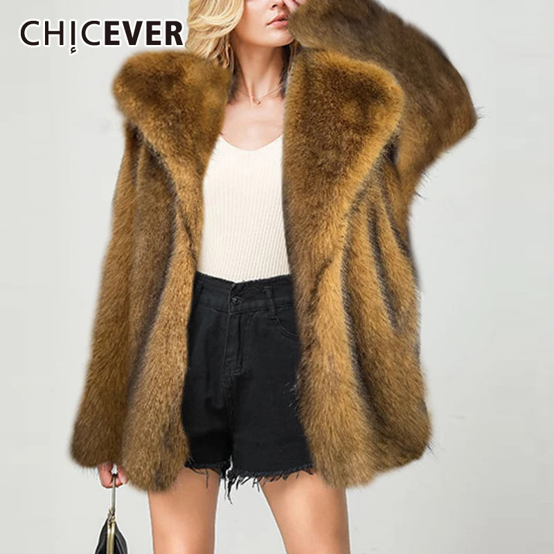 CHICEVER Solid Faux Fur Coats For Women Lapel Long Sleeve Loose Casual Streetwear Plus Size Winter Jackets Female Clothes Style