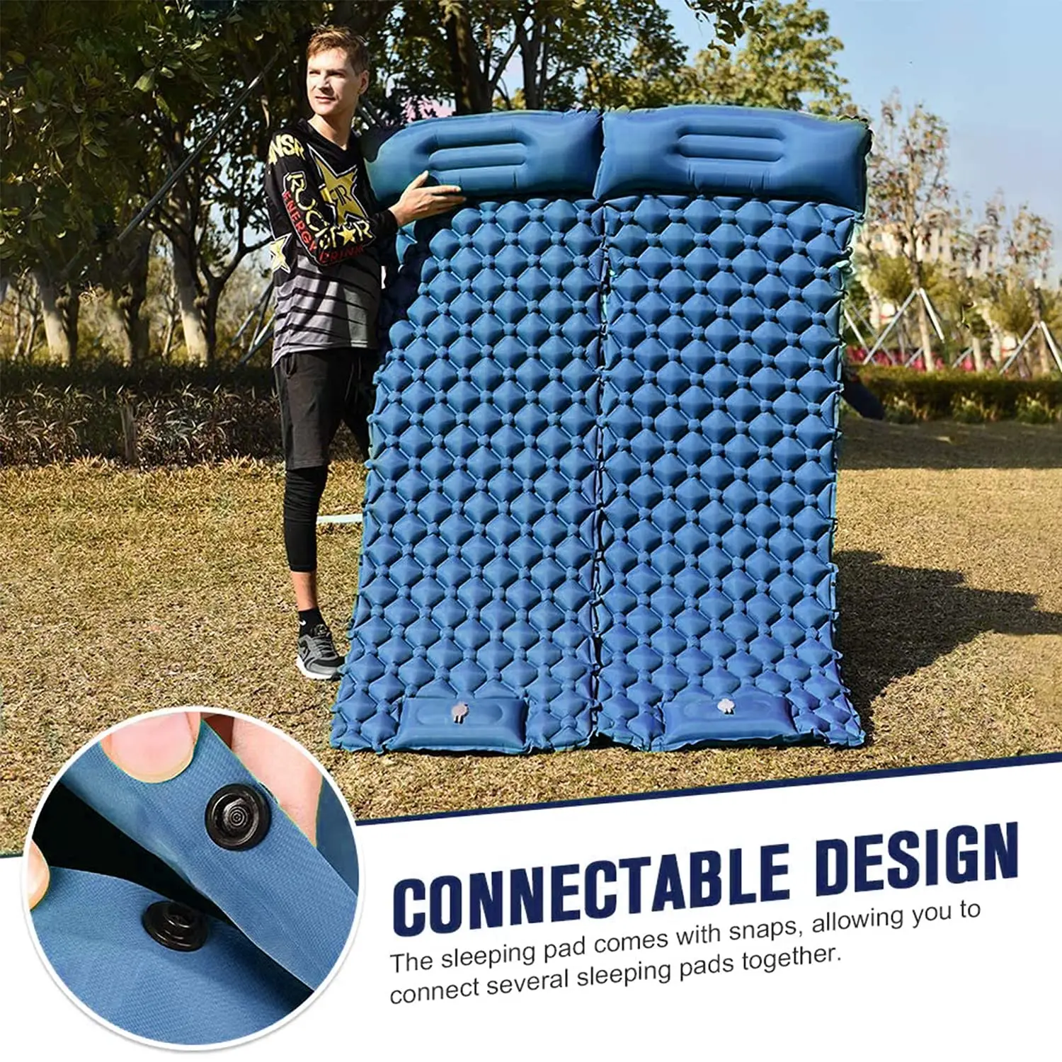 Inflatable Sleeping Mattress with Foot Pump Pillow Strong Support Waterproof Nylon Folding Camping Mat for Car Travel Hiking