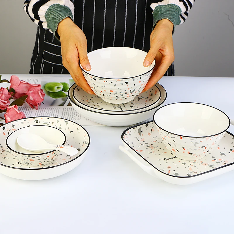 Terrazzo Pattern Tableware Dinner Plate Household Bowl Plate Ceramic Soup Bowl Noodle Bowl Kitchen Storage Plate Main Dish Plate