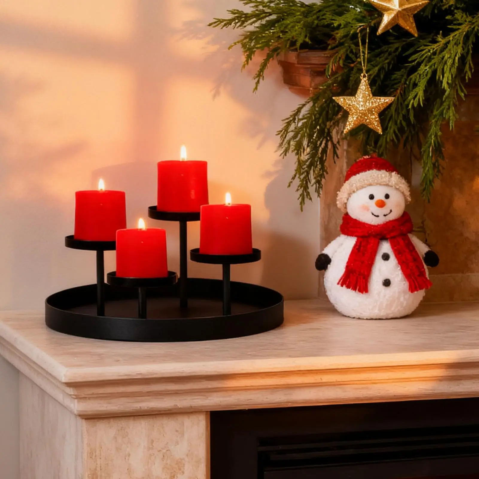 Advent-Kranz-Kerzenhalter, 4 Fächer, rundes Tablett, Kerzenhalter aus Metall, Weihnachtstisch-Mittelstücke für Urlaubsparty-Dekorationen