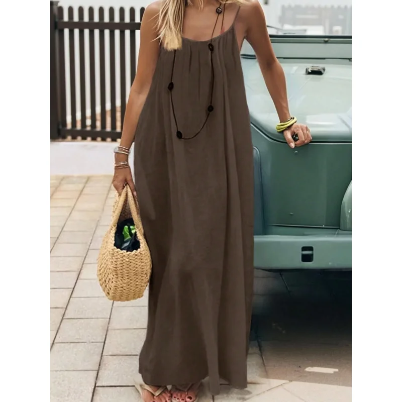 

Casual Style Coffee-Colored Cotton-Linen Suspender Dress, Loose-Fitting, Slimming, Elegant Long Dress,Seaside Vacations