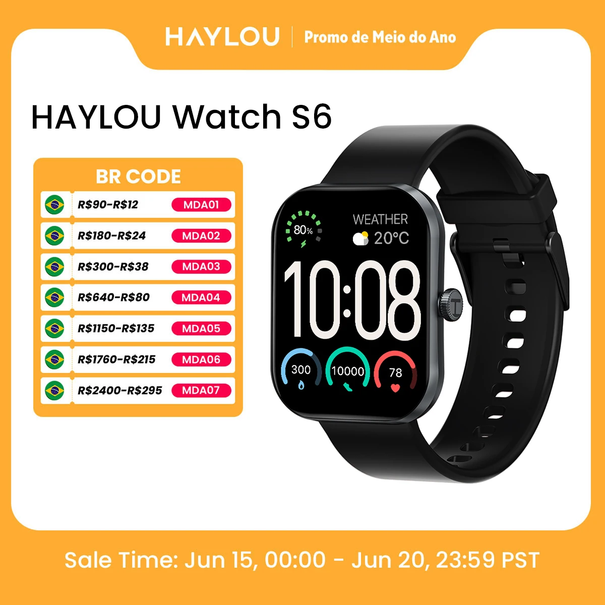 Relógio Inteligente HAYLOU S6 com Tela HD de 2.01", Chamadas por Bluetooth, IP68 à Prova d'Água, Monitoramento de Fitness