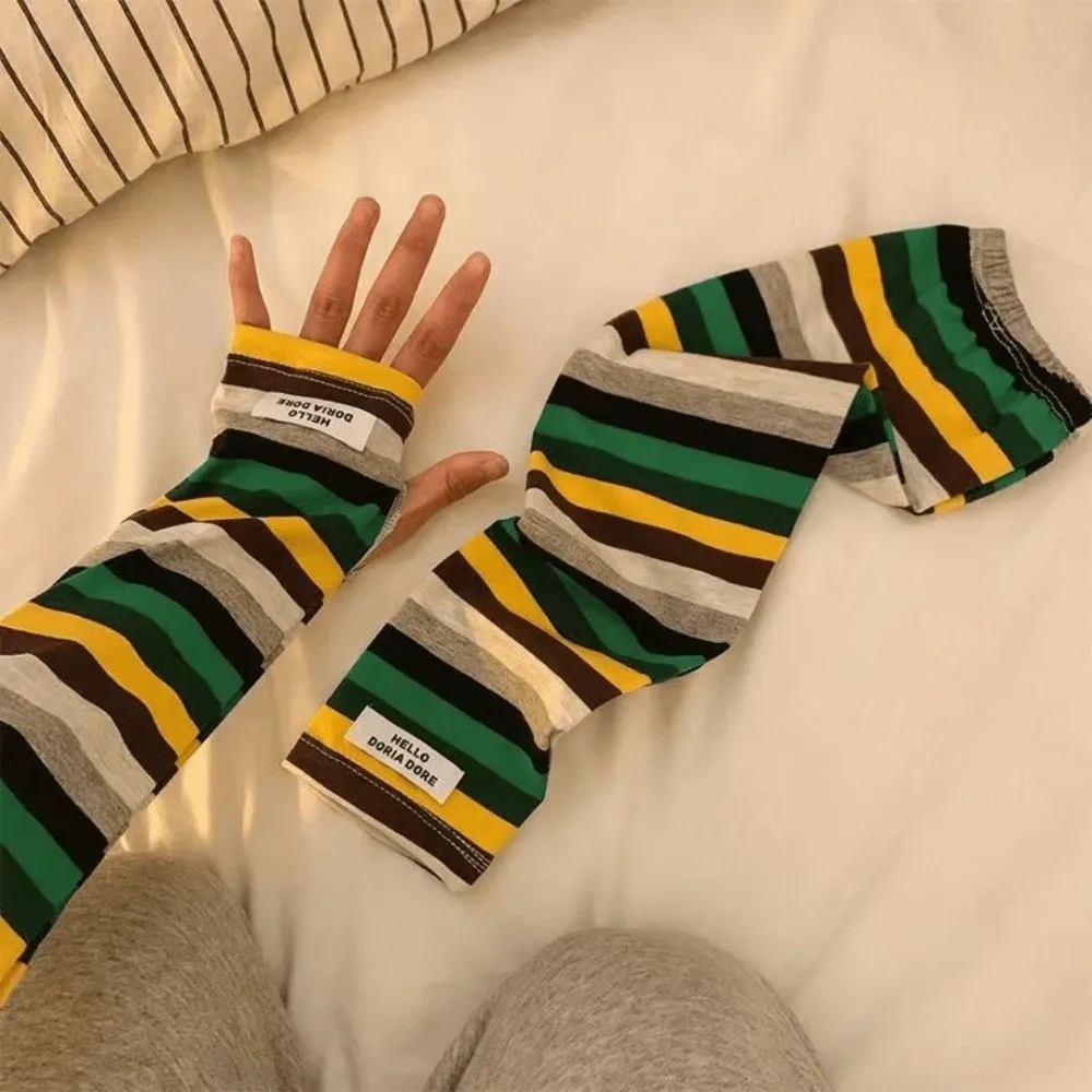 Y2k Color Strip Ice Arm Sleeve Loose Long UV Protection Arm Gloves Harajuku Stripe Anti-sunburn Ice Silk Sleeves Summer