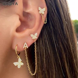CRMYA 1 PC A-Z Letter Butterfly Initial Earrings For Women Gold Silver color Pave Zircon Connected Initial Chain Stud Earrings