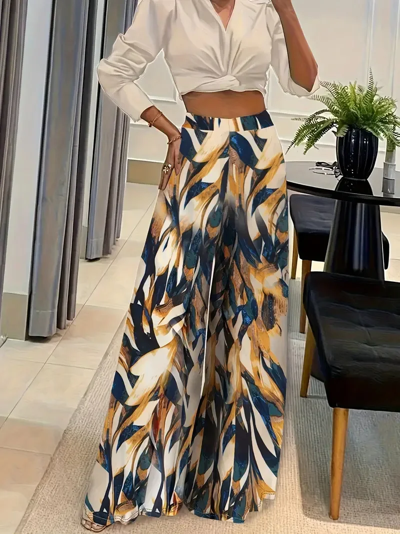 

Women's Pants Medium Size Printed Pants High Waist Wide Leg Pants Loose Cropped Pants Korean Popular Clothes Hot Sale