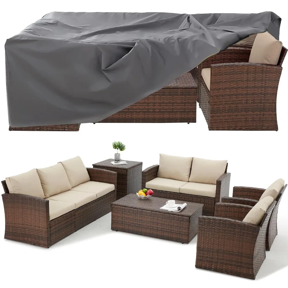 7 PCS Outdoor Rattan Sectional Sofa Set with Storage Boxes & Cover, PE Wicker Patio Furniture, Custom