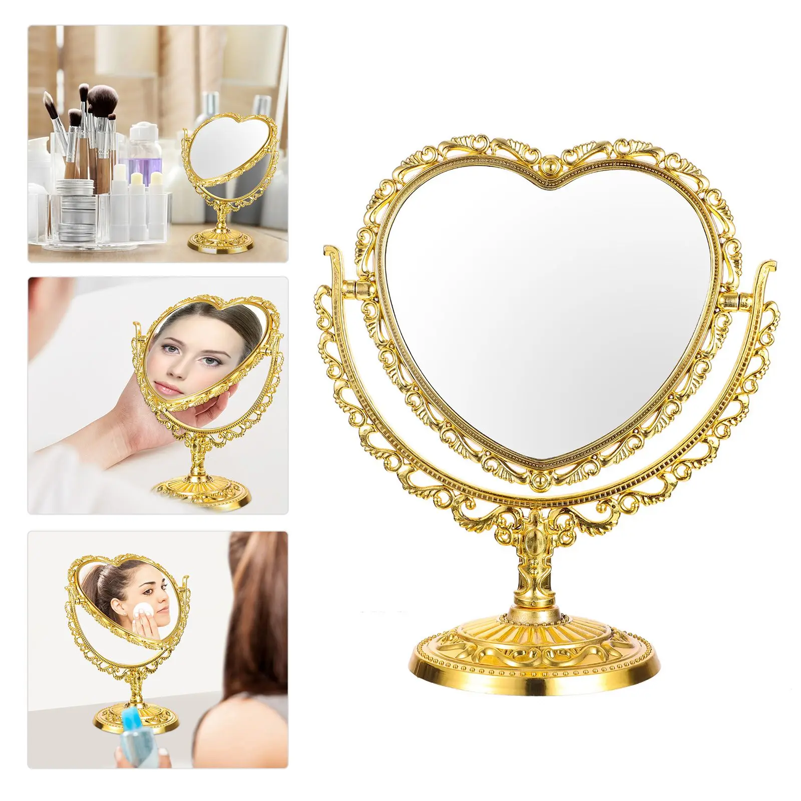 Peach Heart Round Double Sided Makeup Mirror Vanity Dresser Retro Desktop Tabletop Beauty Mirror Gold Home Decor Swivel