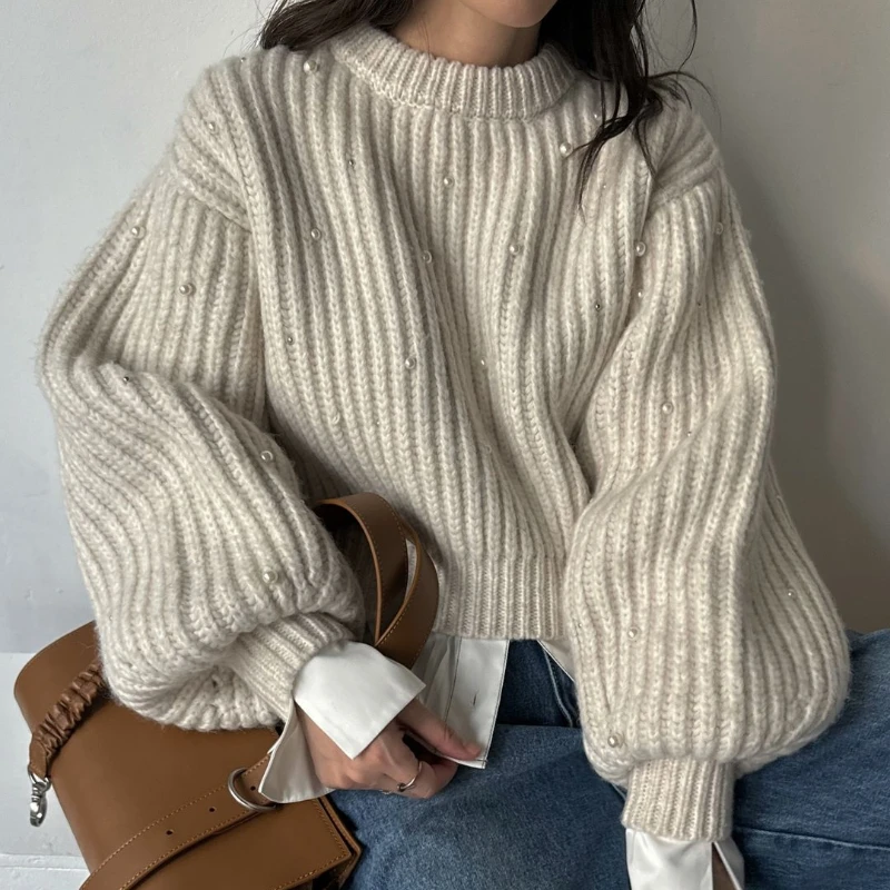 Korea Chic Lantern Sleeve Pullover Sweater Women Autumn Winter New Fashion Peals Beading Casual Loose Thick Knit Sweaters Jumper