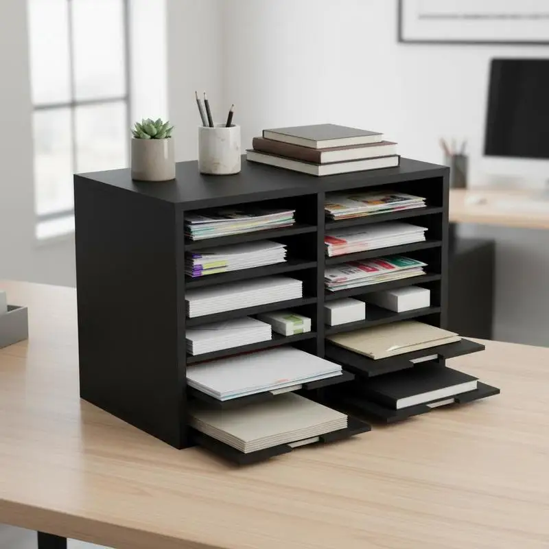

Timber Document Sorter 19.2"x12"x16.1" For Office Home Classroom, 12 Adjustable Compartments Removable Shelves EPA Certified Black Organization System