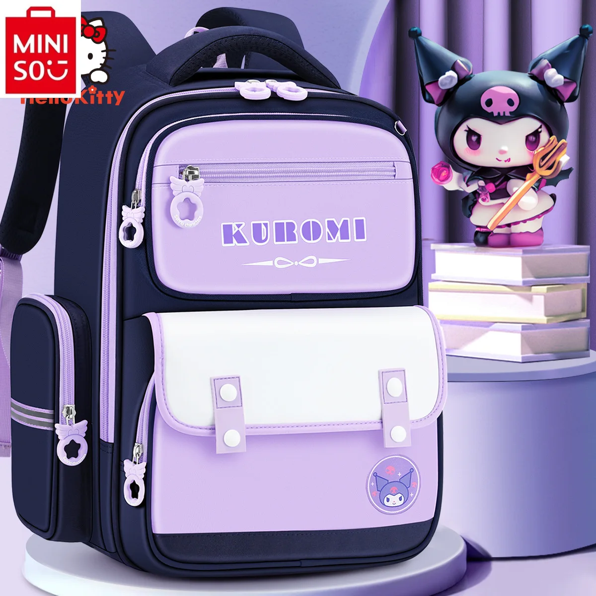 MINISO-Mochila de armazenamento leve para estudante, bonita mochila dos desenhos animados de Kuromi, redução de carga multifuncional, alta qualidade autêntica, nova, 2024