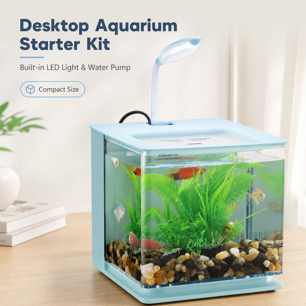 KSY Aquatics Desktop Aquarium Starter Kit with LED Light and Water Pump, Compact Mini Fish Tank for Betta Shrimp Small Fish