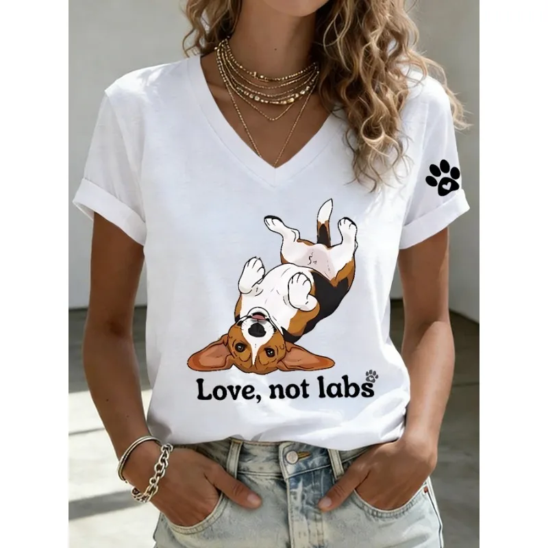 ilstile Women's Save The Beagles Dog Print T-Shirts Summer Short Sleeve Casual V Neck Tops Black White Orange Tees