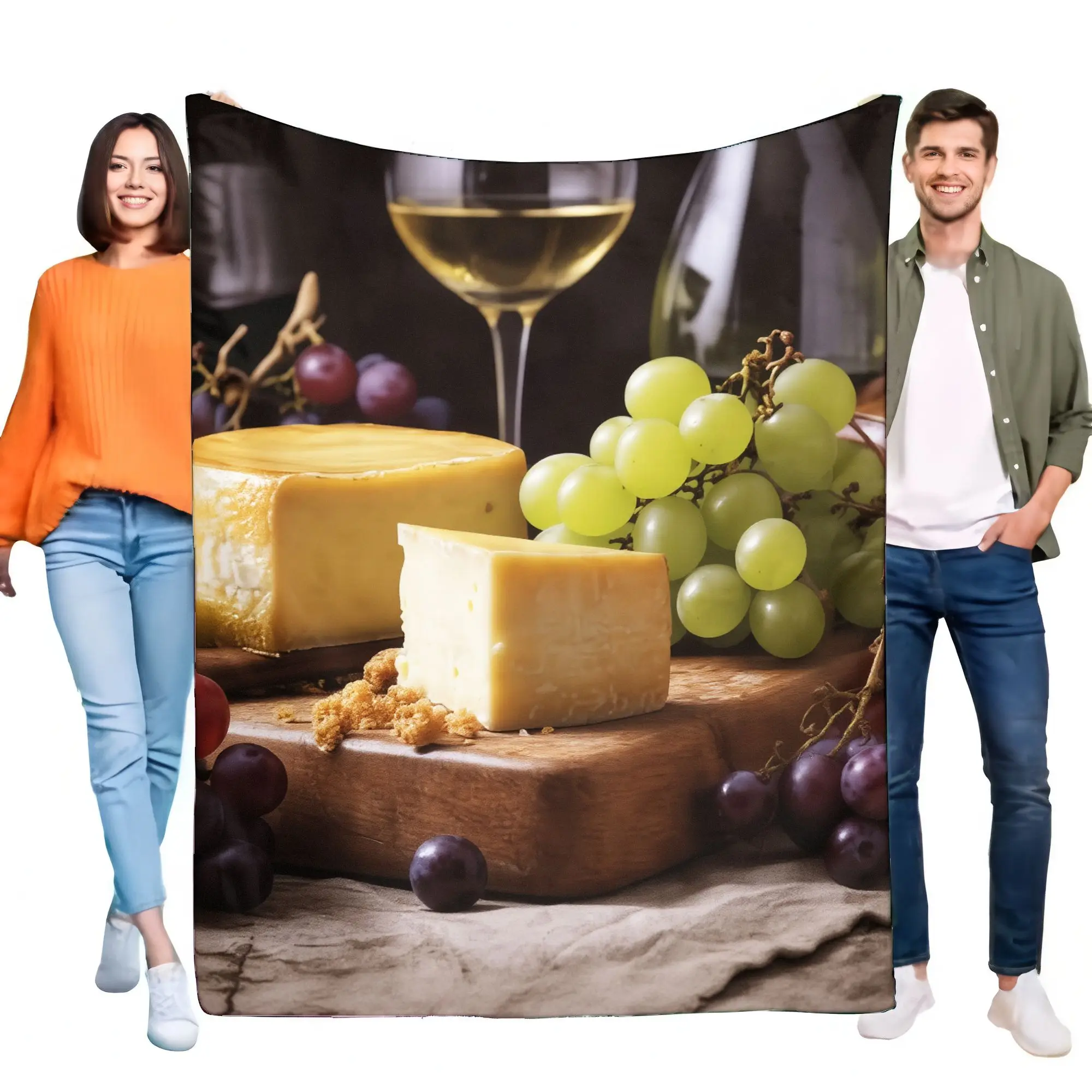 Manta de escena de comida Gourmet, tapiz elegante con queso, uvas y vino, acogedora decoración del hogar, manta suave perfecta para picnics o