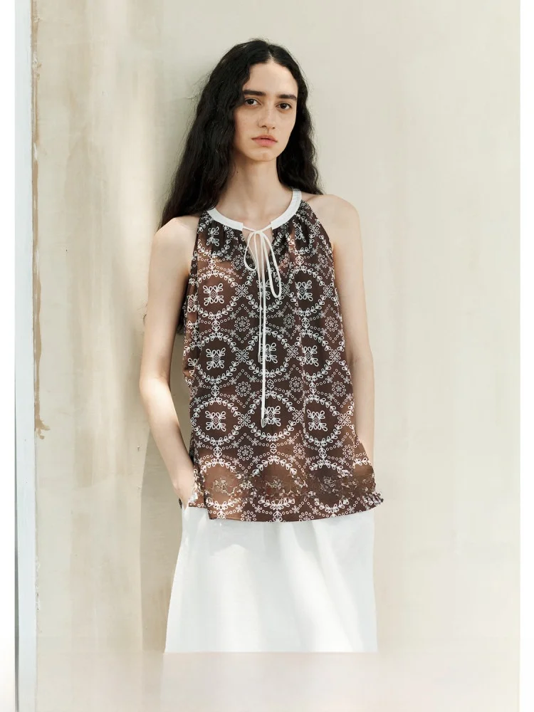 

AMOR Ethnic Sle Floral Embroidery Strapl V-Ne Blouse Loose Fit Svel Ne Hanging Belted Women's Summer irt