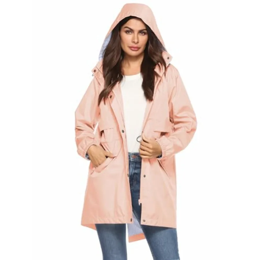 

Avoogue Womens Raincoats Waterproof Cinch Waist Breathable All Weather Jacket Long