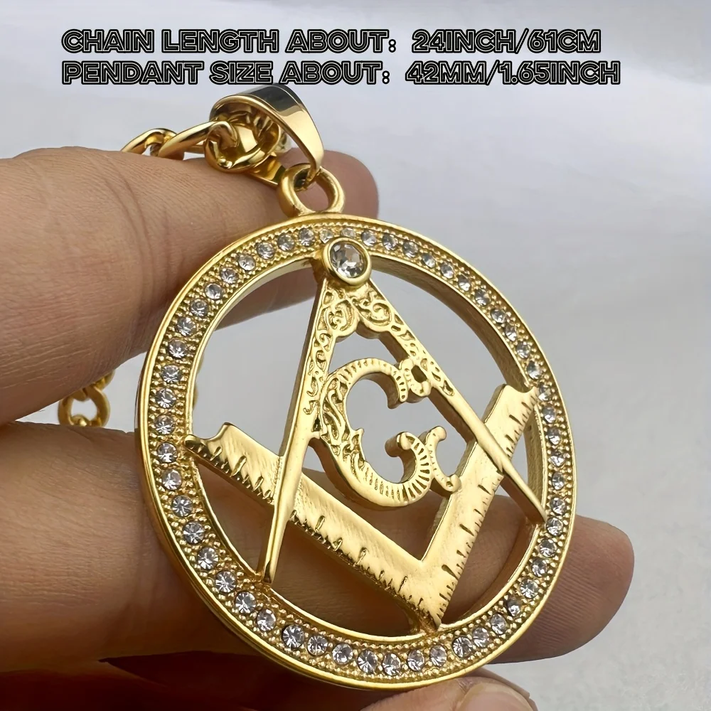 Masonic AG Symbol Hollow Round Pendant Necklace Rhinestone Paved Outer Ring 316L Stainless Steel Gold Color Hip‑Hop Jewelry
