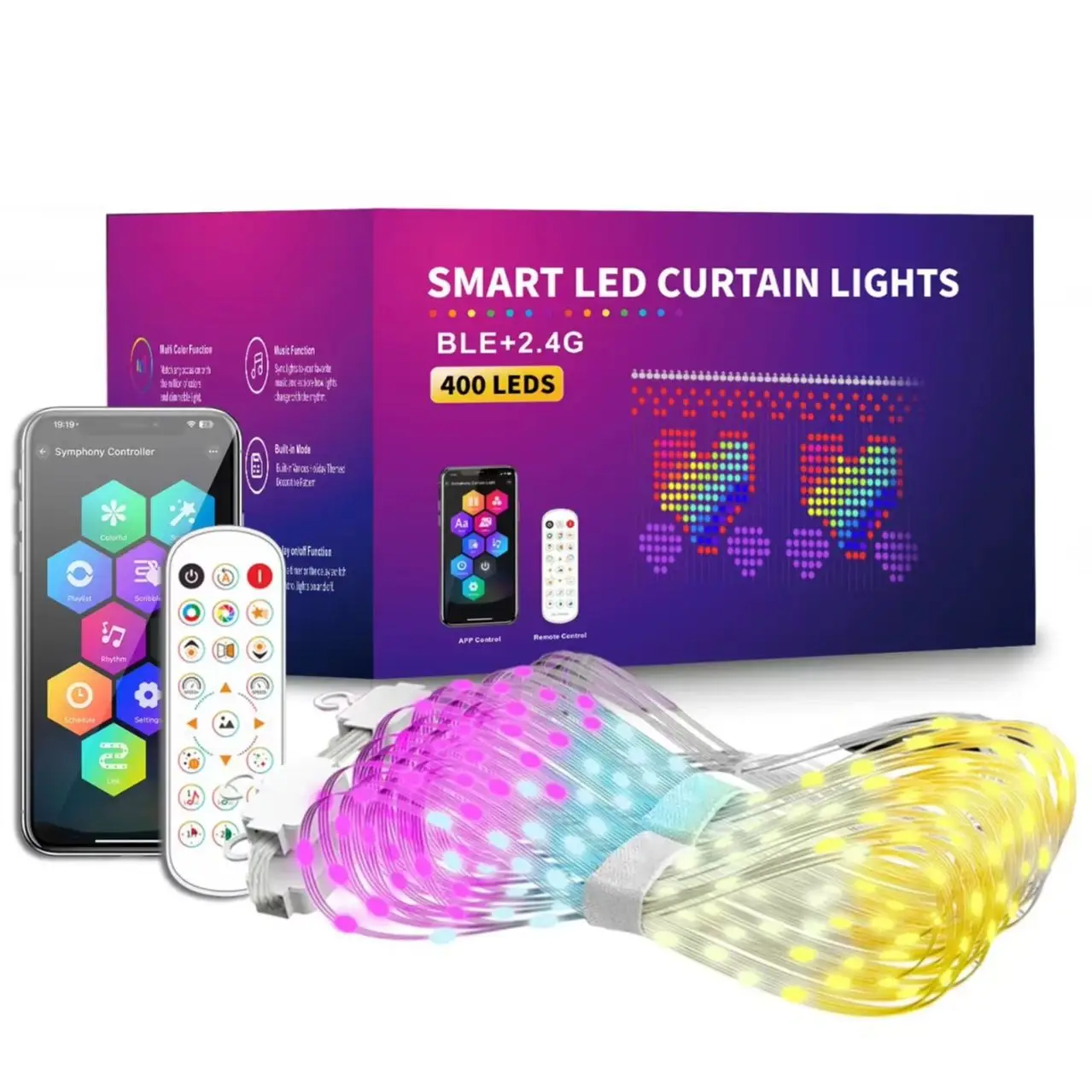 Inteligentne lampki LED w formie kurtyny, lampki LED w stylu „światła wróżki”, sterowanie za pomocą aplikacji, synchronizacja z muzyką, możliwość tworzenia własnych wzorów, wodoodporne, do dekoracji — 2