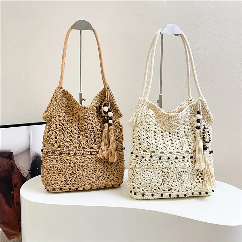 

​​2025 Boho Fringe Cotton Straw Bag Trendy Woven Shoulder Purse Beachy Underarm Tote for Women Stylish Hollow Out Handbag