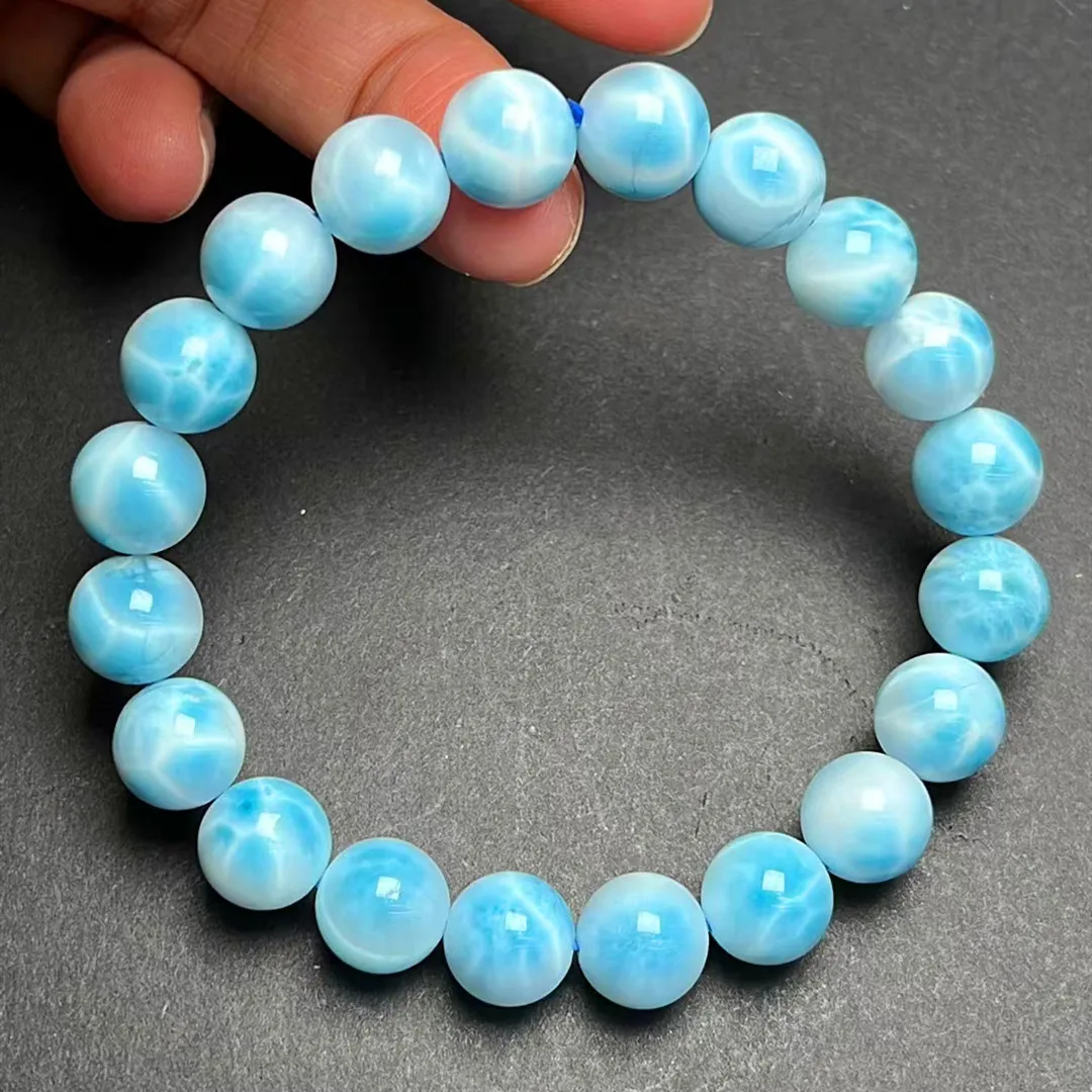 Natural Blue Larimar Round Beads Bracelet Women Men Water Pattern Dominia 9.8mm Powerful Jewelry Genuine AAAAAA