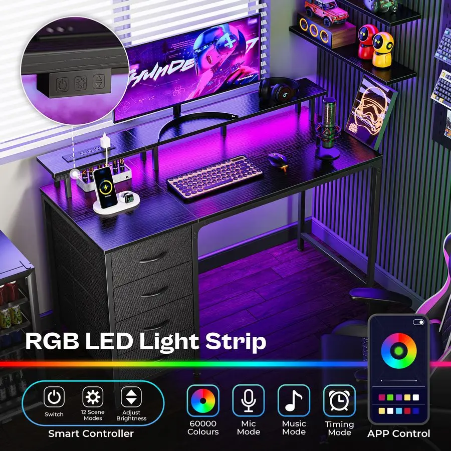 47 Inch Computer Desk with Power Outlets and LED Lights, Gaming Desk with 4 Drawers, Office Desk with Monitor Stand, Study Work