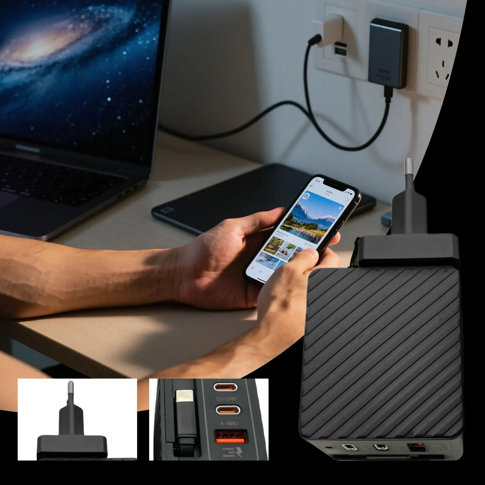 كتلة شحن USB متعددة المنافذ من النوع C شحن الأجهزة الإلكترونية الاستهلاكية لمكاتب الحائط والكمبيوتر المحمول والمنزل والسيارة الخارجية