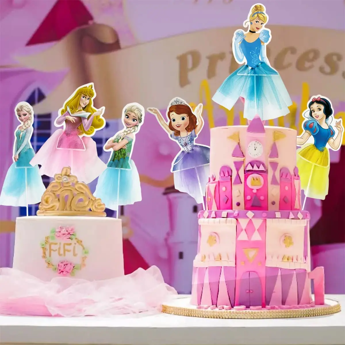 ديكورات كعكة الأميرات من ديزني للفتيات ، أغطية كب كيك ، علم مجمد ، لوازم عيد ميلاد سعيد ، ديكور استحمام الطفل