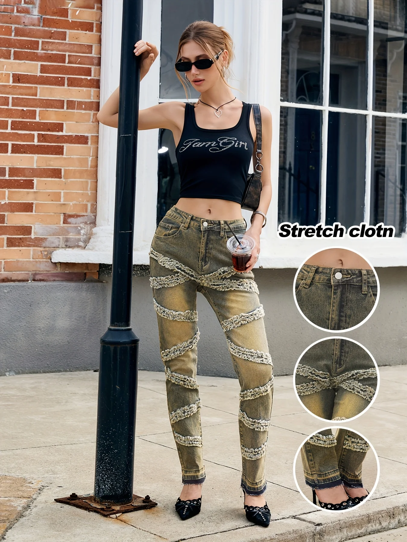 

Y2K 90-е Уличные эластичные джинсы в стиле хип-хоп с наклонными карманами и уникальным дизайном кисточек в стиле пэчворк